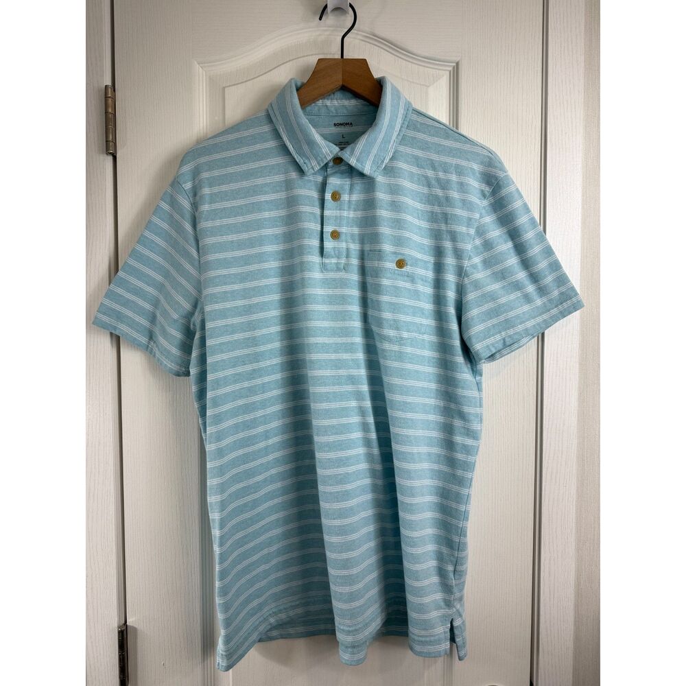 Sonoma Goods For Life Short Sleeve Pocket Polo Shirt Blue White Stripe Men's L